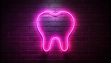 Pink glowing tooth silhouette on dark banner with neon outline, horizontal composition, copy space right, suggesting 24/7 dental care and emergency clinic advertisement.