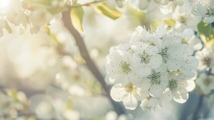 Plum tree blossoms, rich white flowers in focus, crisp morning light, tranquil background