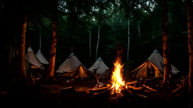 A beautiful view of a nighttime campsite nestled in the forest, with a campfire in the center that burns and illuminates the darkness around it,Seamless looping 4k time-lapse animation video backgroun