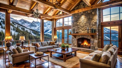 Warm and inviting mountain lodge interior with wooden beams, stone fireplace, and rustic furnishings, surrounded by snow-covered alpine village scenery.