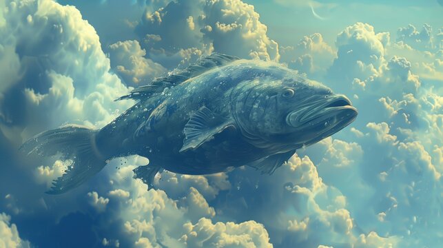 A giant fish swimming through the sky, blending elements of sea and sky
