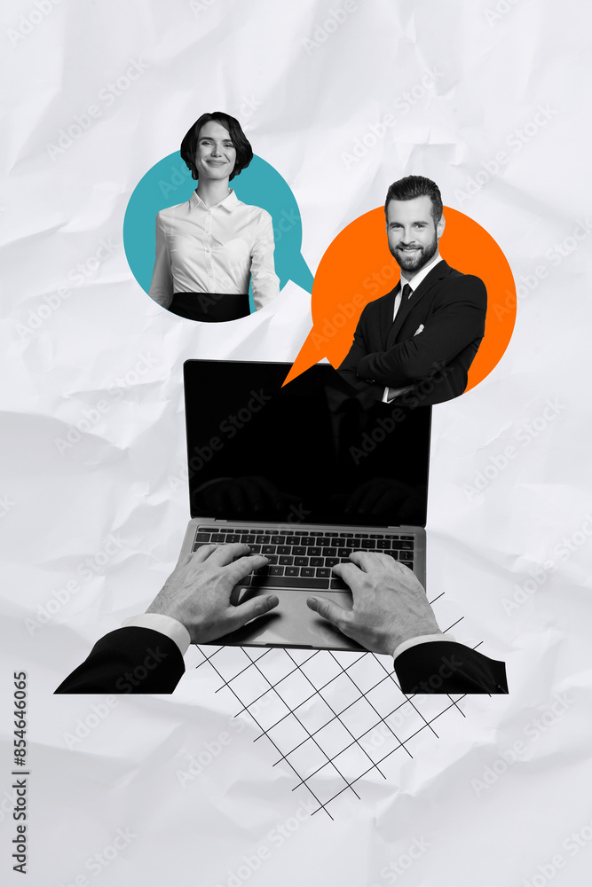 Aufkleber creative trend collage of hands typing netbook teamwork workers working communication unusual fantas