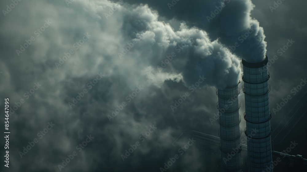 Wall mural aerial view of two large industrial chimneys emitting smoke into the atmosphere, highlighting enviro