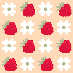 Simple summer pattern with flowers and raspberries. Geometric retro print for curtain, tablecloth, textile and fabric. Hand drawn vector background for decor and design.