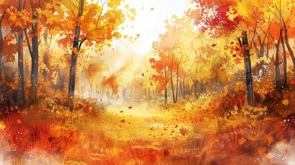Watercolor illustration of Vivid Hues of Autumn in the Forest. The vivid hues of red, orange, and yellow leaves create a stunning landscape.