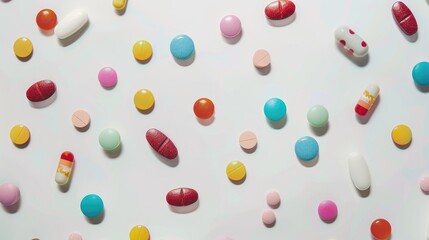 Numerous pills against white backdrop
