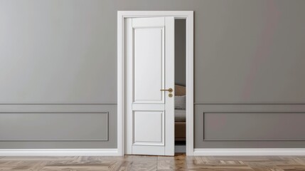 The white door opening to modern bedroom interior 