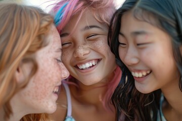 A group of young women stand together, smiling and chatting