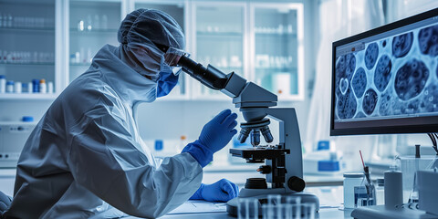 In a stateoftheart laboratory, a scientist in protective gear is meticulously analyzing samples using a microscope to conduct experiments