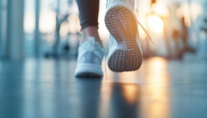 Close-up of a person walking in a gym with sneakers, focusing on footwear. Sunlight in the background adds warmth to the photo.