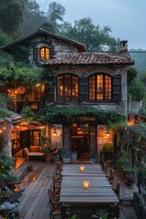 Fototapeta premium View over cozy outdoor terrace with outdoor string lights