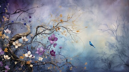 purple yellow woodland flower, richly detailed backgrounds, mystical spring landscape.