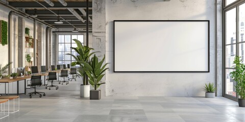 Fototapeta premium A mockup of a Large empty frame or blank white photo frame on the wall in a modern building office interior background, Mock-up banner design, and copy space.