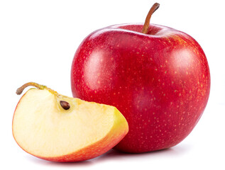 Red apple and apple slice isolated on white background.