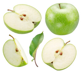 Collection of apple slices and apple leaf close-up. File contains clipping paths.