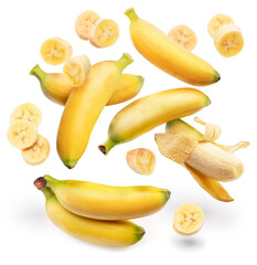 Baby bananas and banana cuts flying in air isolated on white background.