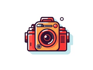 A close-up view of an orange camera with a lens on it