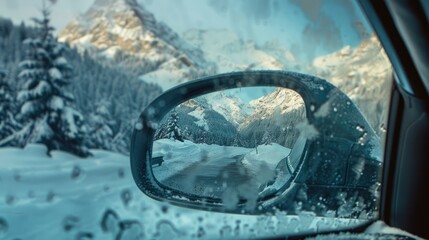 Past reflection in winter mountains seen through a car s passenger side mirror