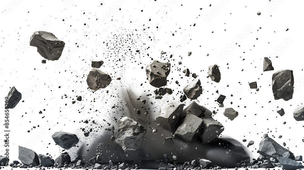 Poster very small stone particles exploding in front of white background