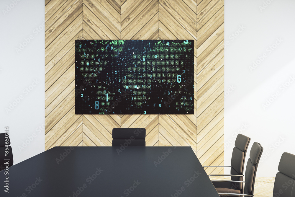 Poster Abstract creative programming illustration and world map on presentation monitor in a modern boardroom, big data and blockchain concept. 3D Rendering