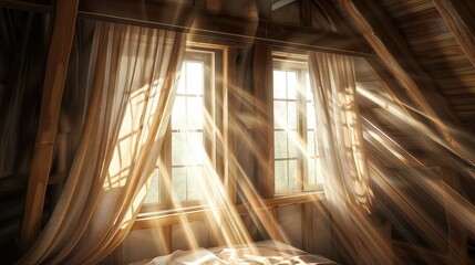 Naklejka premium An attic bedroom with slanted windows dressed in thin curtains, through which rays of sunlight pour, illuminating the angled ceilings and wooden beams with a soft, golden light.