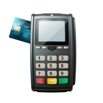 A close-up of a black credit card reader with a blue credit card inserted. The reader has a numeric keypad and a blank screen. isolated on a white background.
