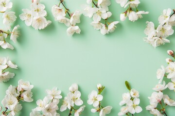 Elegant image of cherry blossom branches against a light blue background, symbolizing the beauty of spring. Perfect for nature, floral, and seasonal-themed projects. Flat Lay. Top View. Copy Space