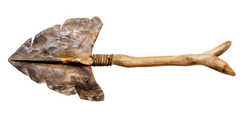 Stone-tipped arrowhead attached to a wooden shaft. isolated on a white background.