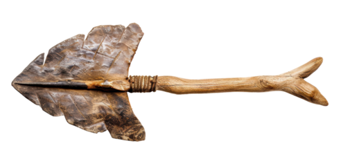 Stone-tipped arrowhead attached to a wooden shaft. isolated on a white background.