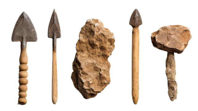 Primitive tools isolated on a white background. Two stone hand axes and two spearheads with wooden shafts.