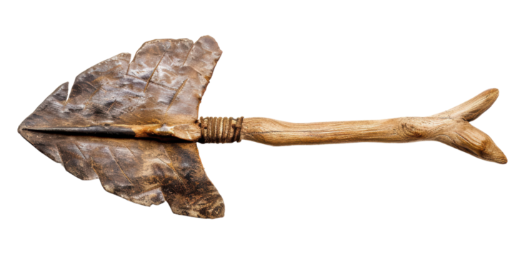 Stone-tipped arrowhead attached to a wooden shaft. isolated on a white background.