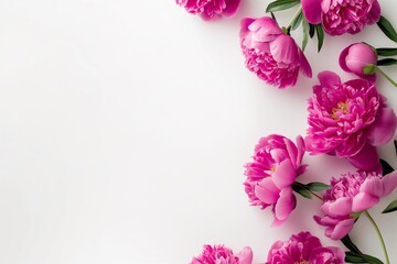 Fototapeta premium Beautiful arrangement of pink peonies on a white background, showcasing floral elegance and simplicity. Perfect for floral, nature, and decoration-themed projects. Flat Lay. Top View. Copy Space