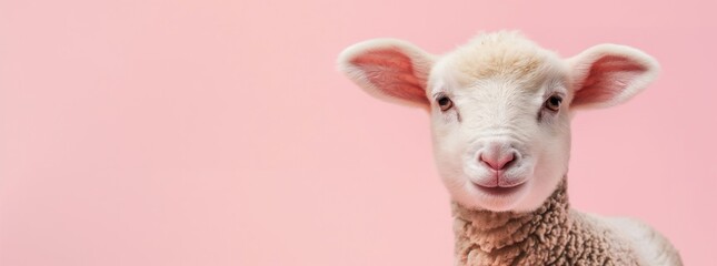 Whimsical portrait of a sheep against a pink background, capturing the charm and simplicity of farm life. Ideal for animal-themed and playful projects.