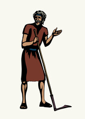 Vector drawing. A man with an old scythe