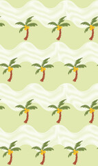 Sketch Line Palm Tree With Wave illustration Vector Seamless Pattern On Lime Green Background Wallpaper Color,Summer Calling Pattern Print Relax Mood, Chilling