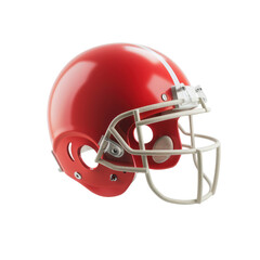 Fototapeta premium A red football helmet with a white stripe and facemask. The helmet is isolated on a white background.