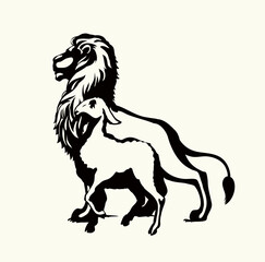 Vector drawing. Lion and lamb walks together