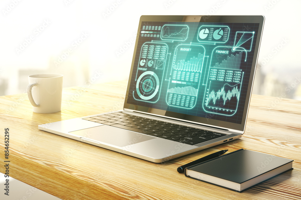 Aufkleber modern computer monitor with abstract creative statistics data hologram, statistics and analytics co