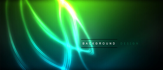 Naklejka premium Neon glowing circle rays, light round lines in the dark, planet style neon wave lines. Energetic electric concept design for wallpaper, banner, background