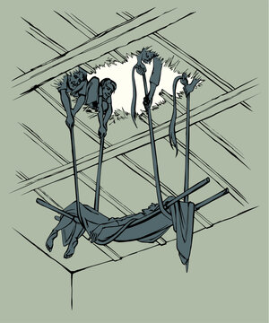 Vector drawing. The men dug up the roof to let the sick man in on a stretcher.