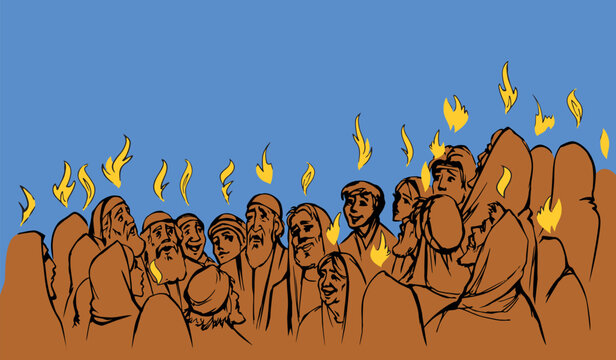 Vector drawing. Pentecost day. Many people came together for praying