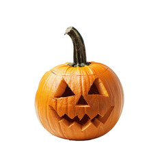 Obraz premium A carved pumpkin with a spooky face, perfect for Halloween decorations or festive designs. isolated on a white background.