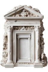 Naklejka premium A weathered, ancient stone doorway with intricate carvings and two columns. The doorway is framed by a crumbling stone facade. isolated on a white background.