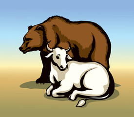 Vector drawing. Cute big cow with bear