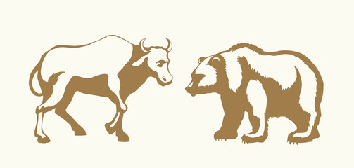 Vector drawing. Big cow and bear