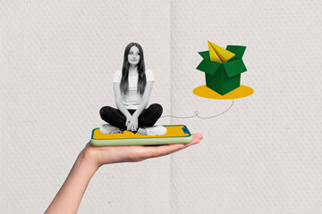 Composite collage picture image of female sit device screen eshop hand hold carton box world...