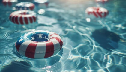 Naklejka premium Colorful inflatable pool rings featuring the American flag design floating in a clear blue swimming pool on a sunny day.
