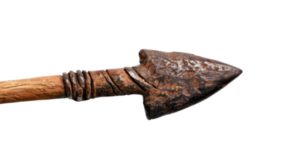 A close-up of a weathered, flint arrowhead with wooden shaft. The arrowhead is sharp and pointed, suggesting its historical use as a hunting weapon. isolated on a white background.
