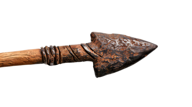 A close-up of a weathered, flint arrowhead with wooden shaft. The arrowhead is sharp and pointed, suggesting its historical use as a hunting weapon. isolated on a white background.