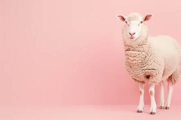 Fototapeta premium Whimsical portrait of a sheep against a pink background, capturing the charm and simplicity of farm life. Ideal for animal-themed and playful projects.